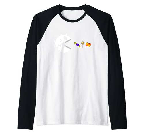 Skeleton Eats Candy Funny Halloween Lovers Camiseta Manga Raglan