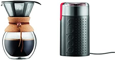 Bodum Pour Over Coffee Maker Grip, 8 Cup, 34 Ounce, Double Wall Cork & BISTRO Blade Grinder, Electric Blade Coffee Grinder, Black