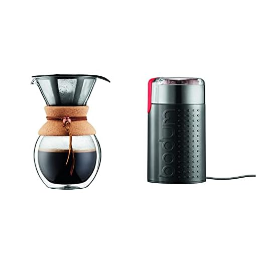 Bodum Pour Over Coffee Maker Grip, 8 Cup, 34 Ounce, Double Wall Cork & BISTRO Blade Grinder, Electric Blade Coffee Grinder, Black