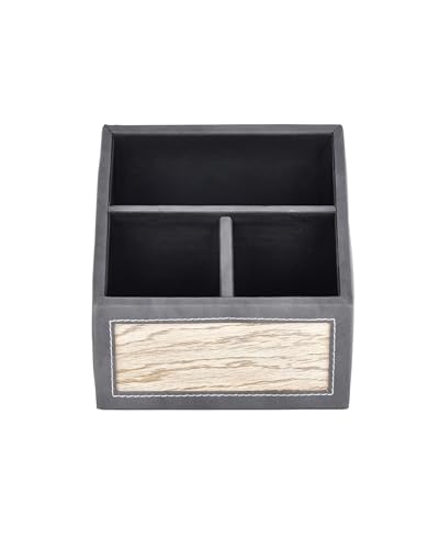 Image of Premsons Remote Holder - 3 Section Tabletop Organizer in Light Brown | Faux Leather with Refined Wooden Finish | Decorative & Practical Organizer - Grey
