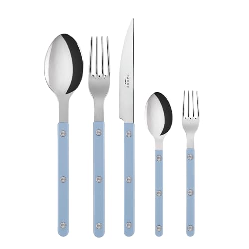 SABRE PARIS - Tafelbesteck, 5-teilig - Bistrot - Messer, Gabel, Esslöffel, Teelöffel & Kuchengabel - Edelstahl & Nylon - Spülmaschinenfest - Pastellblau