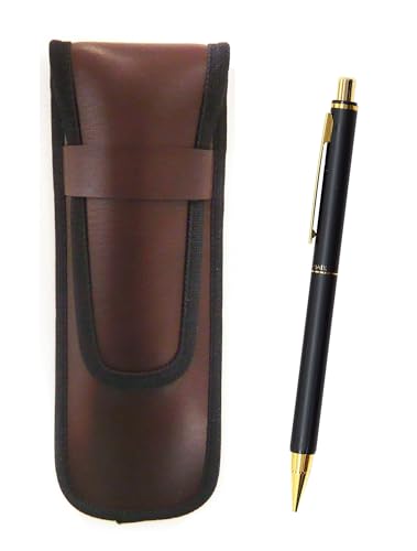 スリム合皮ペンケース茶 NQ25標準サイズ金属ストレートノック・ダブルアルマイト加工リングシャープペンセット 黒 3個パック T23-KBSC-NQ25S-B-3