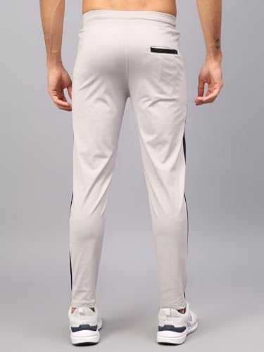 Image of Men 4 Way Lycra Bottom Contrast Striped Gym, Yoga & Sports Wear Stretchable Dri Fit Track Pant with Zipper Pockets Light Grey Medium