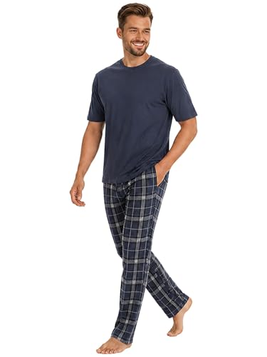 BRAND KRUZE Mens Pyjamas Set Crew Neck Short Sleeve T Shirt and Casual Cotton Nightwear Loungewear Top and Trousers PJ Set KZPJ187_PYJAMA BLUE M