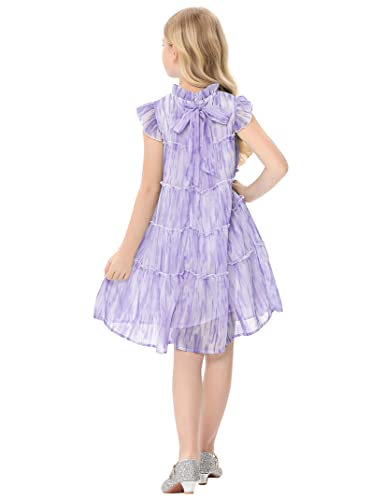 Kukume Girls Ruffle Dress Sleeveless Zipper Up Back Bow Tiered Chiffon A-Line Dress Purple Flow Cute Midi Dresses 9-10Years #TOP3