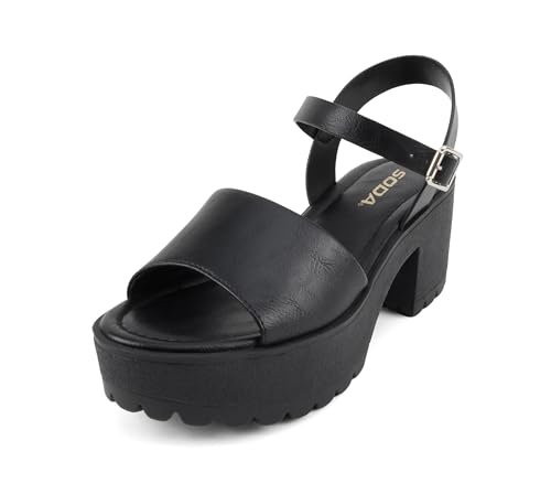 Image of Soda inchStacie inch ~ Women Open Toe Lug Sole Mid Block Heeled Sandals with Adjustable Ankle Strap
