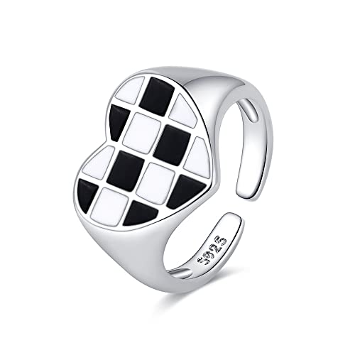 Izpack Plaid Love Heart Open Stacking Ring Black And White Checkered Enamel Heart Adjustable Chunky Bands Wedding Valentine'S Day Promise Eternity Finger Rings For Women Brides Fashion Jewelry cover