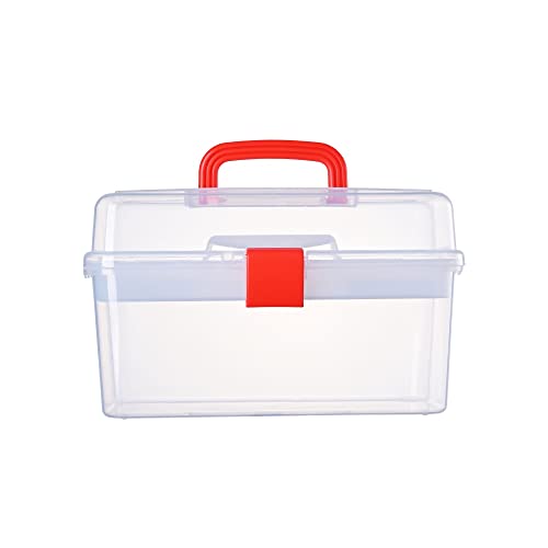 Image of Multipurpose Clear Red Plastic Storage Container Organizer Box, Portable Carrying Case with Removable Tray and Handle for Art, Craft,First Aid, Sewing Supplies