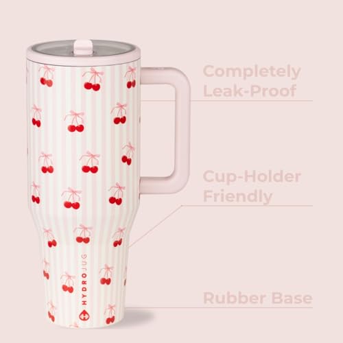 Image of HydroJug Traveler - 32 oz Water Bottle with Handle & Flip Straw - Fits in Cup Holder, Leak Resistant Tumbler-Reusable Insulated Stainless Steel & Rubber Base - Gifts for Women & Men, Sweet Cherry