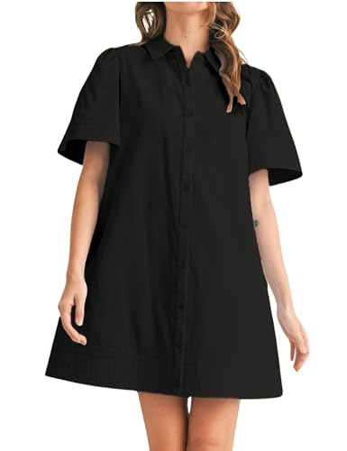 Image of Womens Short Sleeve Button Down Mini Shirt Dress Lapel Collar Short Dresses with Pocket
