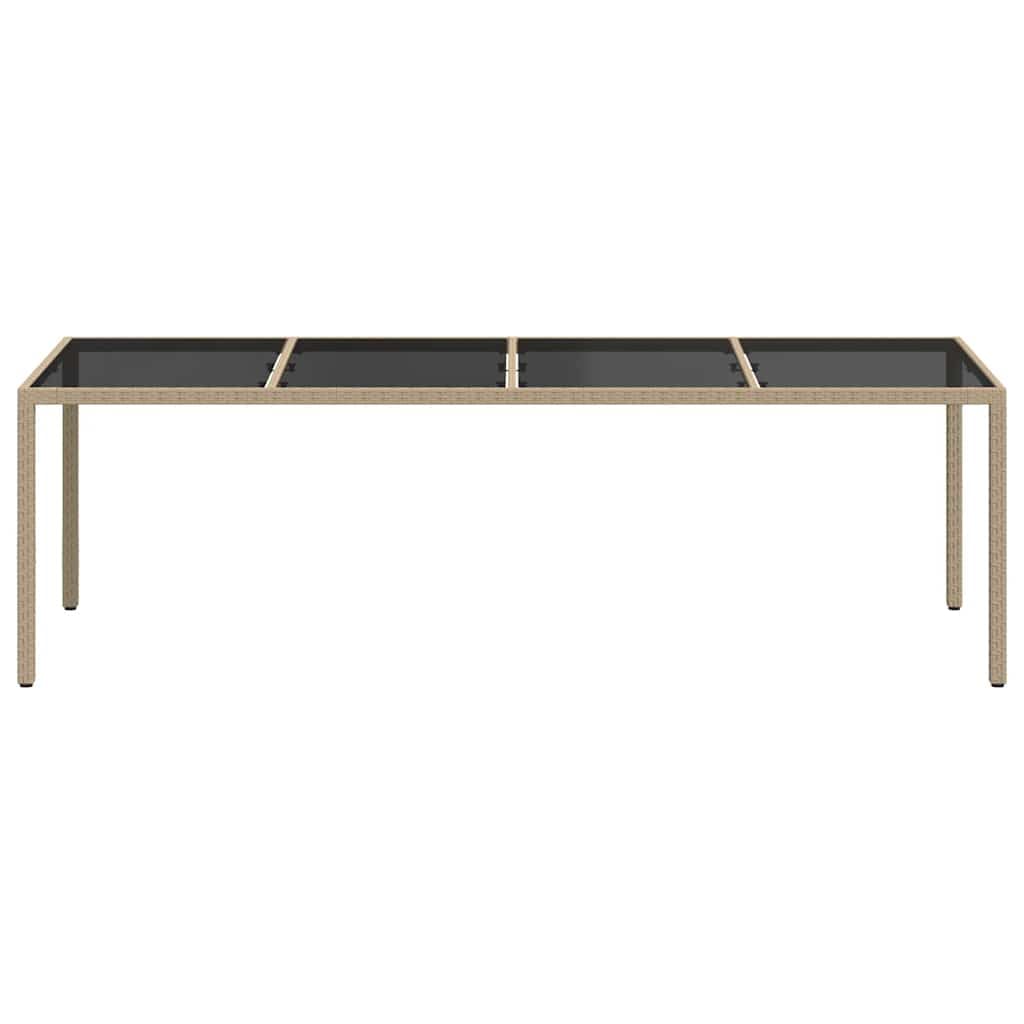 Mesa de jardín beige 250 x 100 x 75 cm con tablero de cristal templado y ratán sintético, resistente a la intemperie, marco de acero pulverizado, ideal para terraza, balcón y uso en