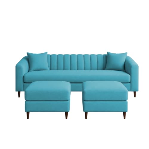 Image of Doraldo 3 Seater Sofa Set with 2 Ottoman for Living Room (Turquise) Premium Fabric Sofa
