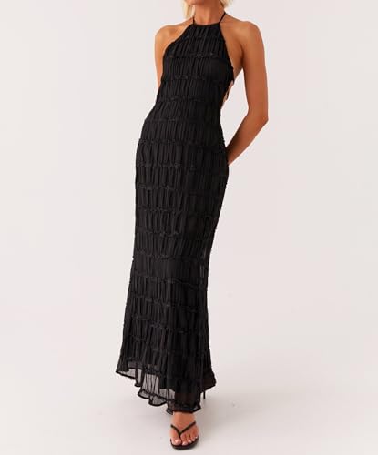 Image of Argeousgor Women Halter Neck Backless Summer Dresses 2025 Sleeveless Tiered Ruffle A-Line Flowy Cocktail Party Maxi Dress