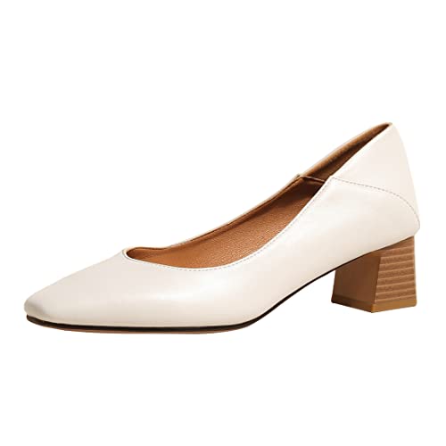 Betastella Women's Low Block Heel Loafers Square Toe Slip On Pumps Chunky Heeled Dress Office Shoes