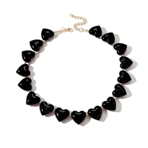 Collier ras du cou acrylique femme avec grosses perles et motifs cœurs