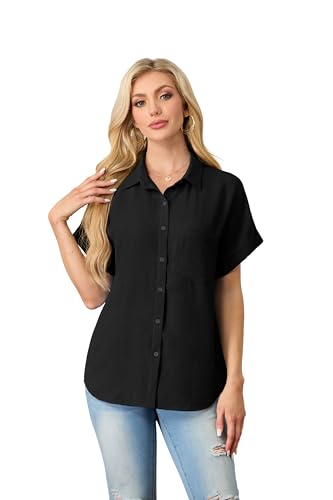 Short Sleeve Shirts for Women V Neck Loose Collared Button Down Shirt Casual Summer Tops with Pockets Beach Blouse2