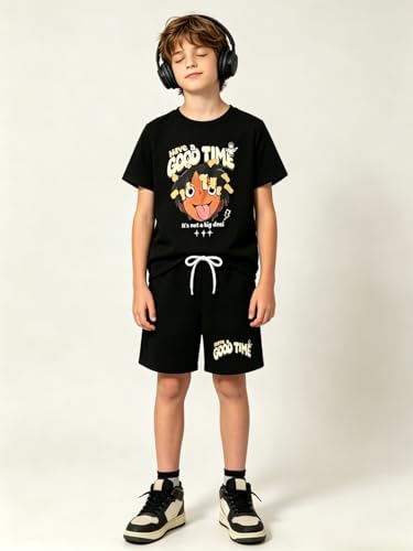 Image of Size 6-12 Years Boys Summer Outfits Set Kids Short Sleeve Top T-Shirt & Shorts Color Block Clothing Sets