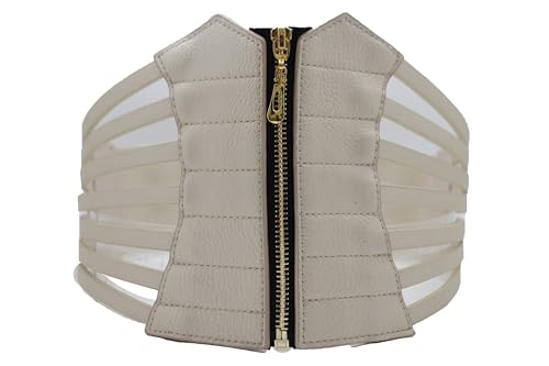 Trendy Fashion Jewelry Light Gold Champagne Faux Leather Corset Belt for Women – Wide Stretch Waistband Cincher with Front Gold Zipper – Sexy High Waist Belt for Dresses & Jeans – S/M2