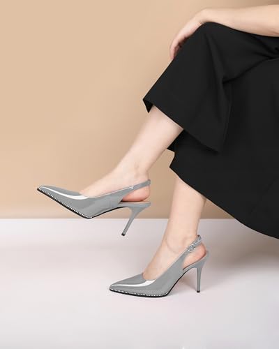 Image of SAMMITOP Women Slingback Heels Stilettos Closed Pointed Toe High Heel Silver Beaded Pumps Comfortable 3.5 Inch High Heels for Women Dressy Shoes
