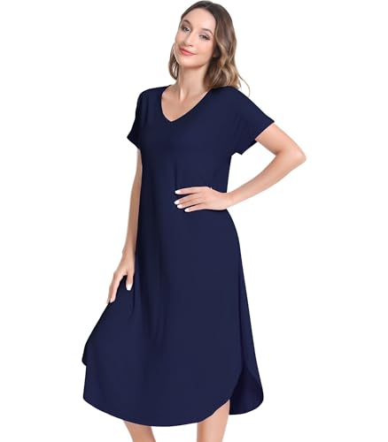 Image of NACHILA Nightgowns for Women-Viscose Made from Bamboo,Short Sleeve Nightshirts Satin V Neck Sleep Dress Loose Sleepwear