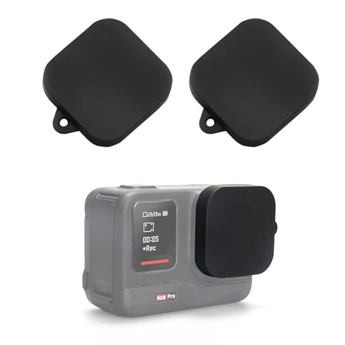 NUHFUFA 2 Packs Silicone Lens Protective Cover Soft Lens Cap Accessories Compatible with Inta360 Ace Pro Anti-Lost Cap with Lanyard Hole(Black1)