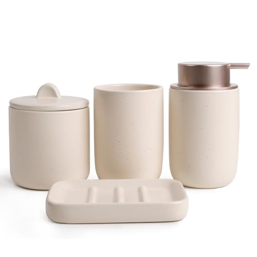 UMLACA Badezimmer Set Keramik, 4 Teiles Badezimmer Zubehör Set, Badezimmer Organizer mit Seifenspender, Seifenschale, Zahnputzbecher, Wattestäbchen Kanister, Hochwertiges Badezimmer Deko Set UMLACA Badezimmer Set Keramik, 4 Teiles Badezimmer Zubehör Set, Badezimmer Organizer mit Seifenspender, Seifenschale, Zahnputzbecher, Wattestäbchen Kanister, Hochwertiges Badezimmer Deko Set