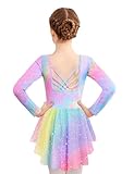 Zaclotre Girls Long Sleeve Gymnastics Leotards with Shiny Skirts Toddler Criss-Cross Back Ballet Dresses Outfits Rainbow 6-7Years