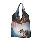 GRatka Einkaufstaschen, wiederverwendbare Einkaufstüten, faltbare Tragetaschen, große Tragetasche, waschbar, australischer Schäferhund, Berge, australische Haustiere, Hunde