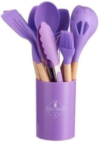 MLTUN MAKAN キッチン用品 シリコン製調理器具 キッチンツールセット 耐熱性 シリコン製 木製ハンドル 調理用ヘラ スプーン ブラシ 卵泡立て器 収納ボックス付き 調理用ノンスティック鍋 収納バケツ 木製ハンドル シリコン製キッチン用品 (パープ