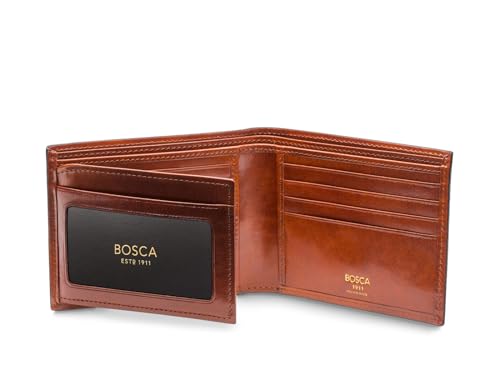 Bosca Men's Leather Wallet - Old Italia Bifold Wallet For Men Made From Full Grain Italian Leather, 11 Card Slots, ID Window, Divided Currency Well, Gift-Ready Packaging - Amber Brown