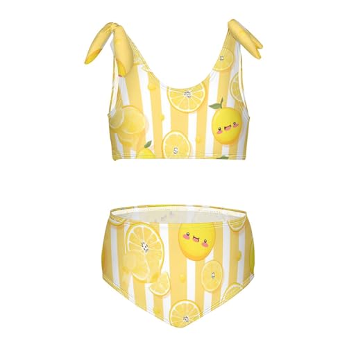 Cute Yellow Lemon Slices on Striped Girls Two Piece Kids Bikini Set Quick-Dry Swimsuits Swimming Suits Adjustable