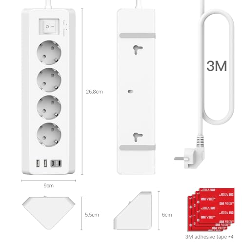4 Fach Steckdosenleiste mit USB C, Ecksteckdose Ecke 4 USB mit Schalter, Schreibtisch Steckdose Überspannungsschutz mit 3M Kabel für Küche (Weiß) 6