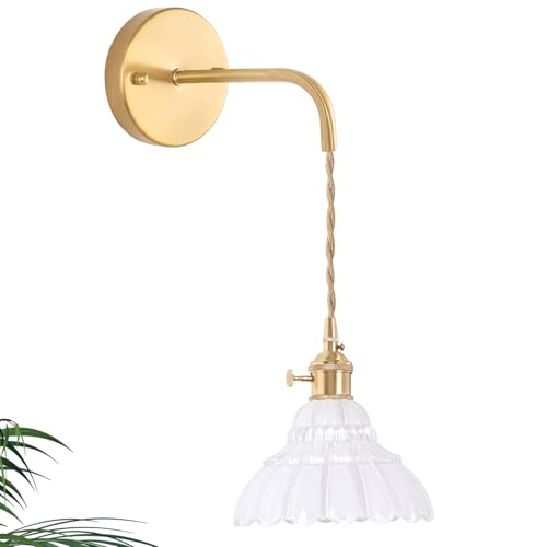 Image of Shenmoyl Vintage Wall Sconce with White Lily of the Valley Shade Pattern Glass Adjustable Chain Retro Gold Wall Mounted Light, Modern Wall Lamp Fixtures Decor for Bedside Bedroom Indoor Doorway