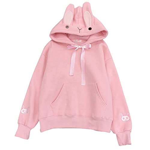 JUGUU Sweatshirts Hombresudadera con Capucha Superior con Orejas De Conejo para Mujer, Ropa Kawaii De Manga Larga, Blusa, Sudadera Suelta,Más Rosa Terciopelo,Metro Cover