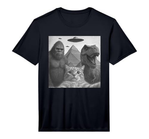 Funny Cat Selfie with Bigfoot Dinosaur UFO for Men Women Performance T-Shirt
