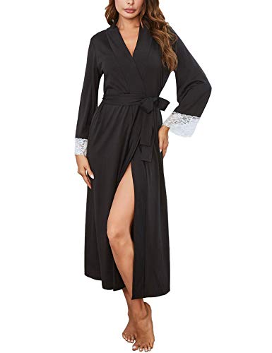 FINEJO Women Kimono Robes Cotton Lightweight Robe Long Knit Bathrobe Soft Sleepwear V-Neck Ladies Nightwear Black M