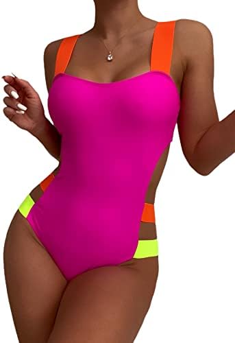 WDIRARA Women's Color Block Cut Out One Piece Swimsuit Monokini Swimwear Hot Pink L