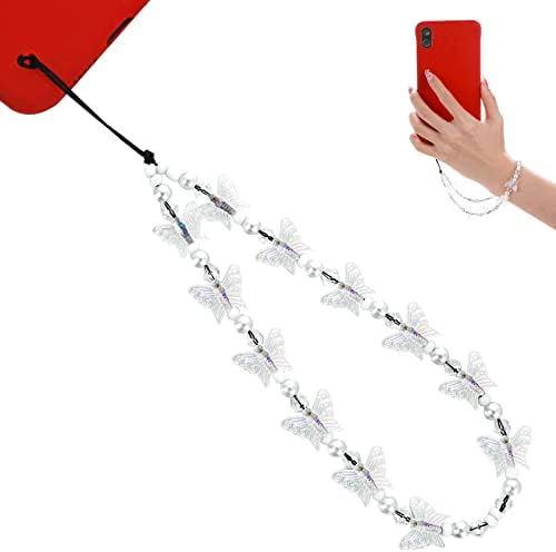 TIESOME Beaded Phone Lanyard Wrist Strap Charms, Phone Charms Colorful Beaded Butterfly Mobile Phone Keychain Handmade Charms Keychain for Women Girls (White)