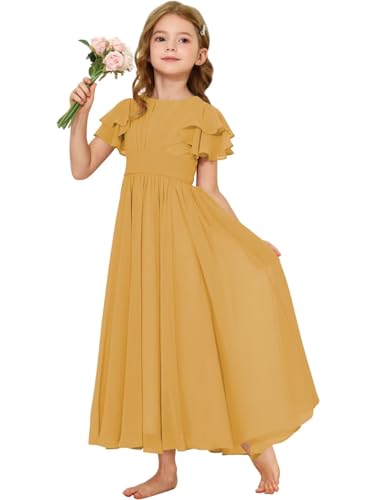 Girls Ruffle Sleeves Chiffon Flowing Long Flower Girl Dresses O-Neck Toddler Wedding Party Bridesmaid Maxi Dress
