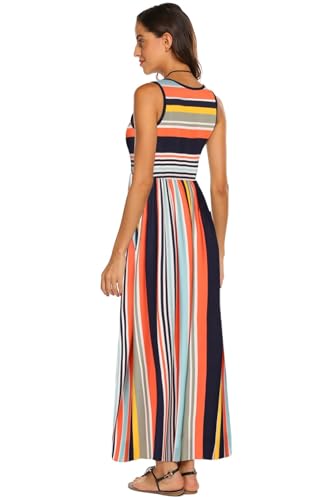 BDTECAOR Damen Sommer Casual Einfarbig Ärmellose Lockere Strandkleid Maxi Kleid mit Taschen Mehrfarbige Streifen L 5
