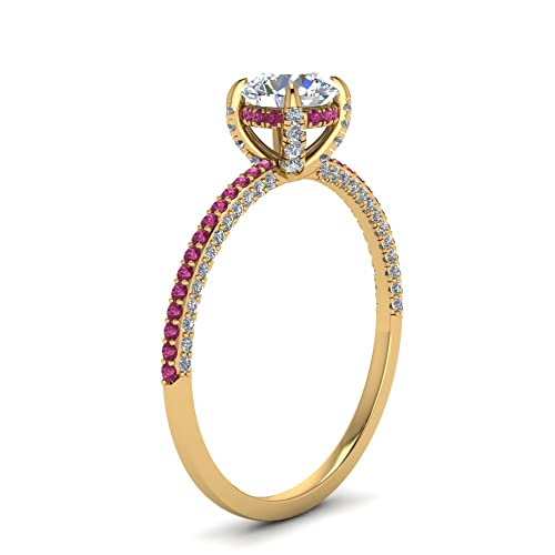 Image of Choose Your Gemstone Delicate Hidden Halo Diamond CZ Ring Yellow Gold Plated Round Shape Petite Engagement Rings Minimal Modern Design Birthday Gift Wedding Gift US Size 4 to 12