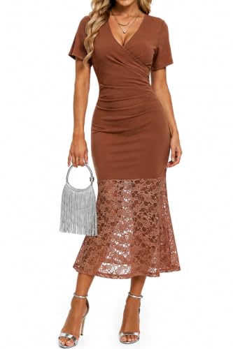 Women's Short Sleeve Wrap V Neck Ruched Elegant Cocktail Caramel Mocha Chocolate Brown Lace Dress Ladies Slim Fit Mid Calf Pencil Evening Wedding Guest Mermaid Dresses for Semi Party Club Night Out