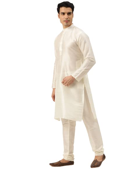 Image of SOJANYA (Since 1958 Men's Silk Blend Off White Kurta Pyjama & Maroon Self Design Nehru Jacket Combo