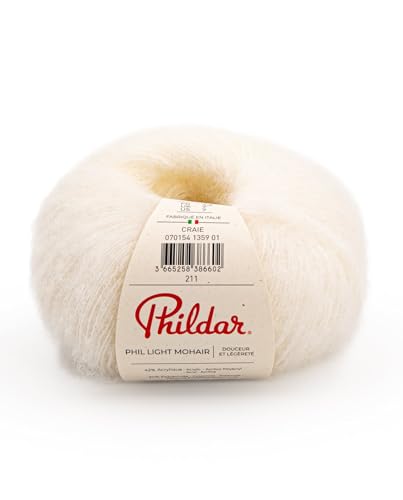 Phildar - Pelote de Laine Phil Light Mohair - Laine à Tricoter - 14% LAINE,14% MOHAIR,42% ACRYLIQUE,30% POLYAMIDE - Aiguille n°5 - Couleur CRAIE