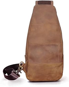Handadsume Waterbestendig Canvas Lederen Wandelen Reizen DagPack Sling Crossbody Driehoek Borst Pack Tas Voor Mannen Vrouwen FB8013, 100% echt leer -8015 bruin, Medium