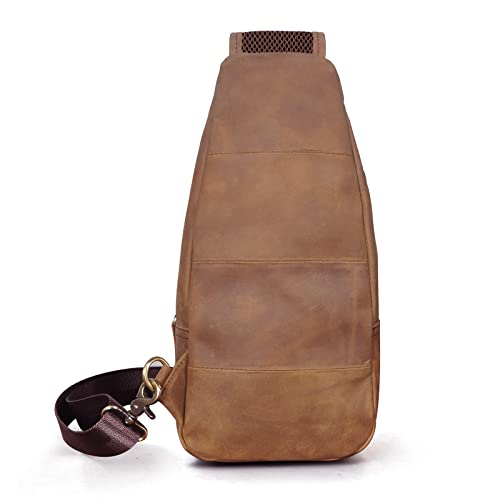 Le'aokuu Men Fashion Casual Tea Designer Travel Hiking Crossbody Chest Sling Bag Rig One Shoulder Strap Bag Men Leather 80154