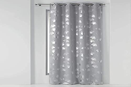 Douceur d'intérieur rideau a oeillets 135 x 240 cm occultant imprime metallise ginkgold gris/argent