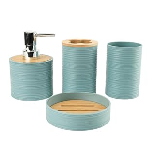 Hosoncovy 4 Pcs Bathroom Container Set Bathroom Accessory Set with Soap Dispenser, Bathroom Cup, Soap Dish ，Toothbrush and Toothpaste Holder (Morandi Blue)