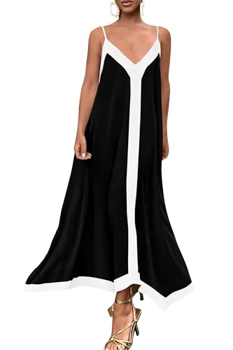 PRETTYGARDEN Womens Maxi Dress 2026 Summer Sundress V Neck Spaghetti Strap Flowy Elegant Party Dresses Beach Vacation Clothes (Black,X-Large)