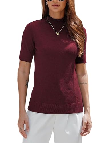 Image of Short Sleeve Mock Neck Turtleneck Sweater Tops Knit T Shirts Capsule Wardrobe Essentials